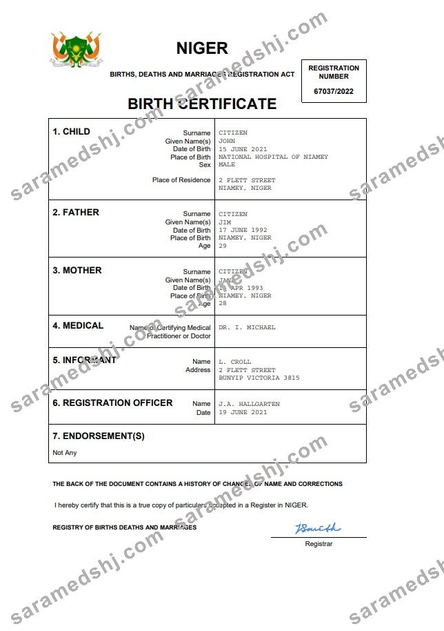 Niger birth certificate Word and PDF template